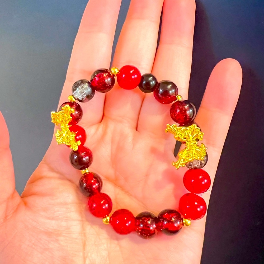 2/$25 ❤️Handmade Elastic Elegant Red and Gold Beaded Bracelet